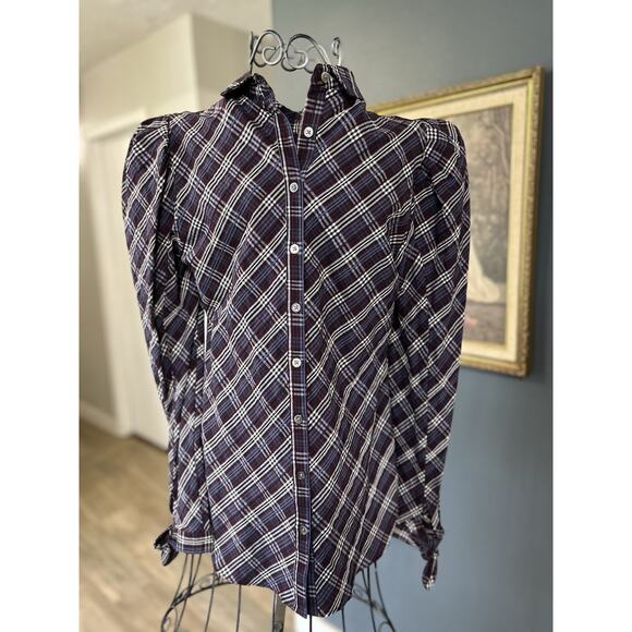 $368 NWT Veronica Beard Isabel Reversed Wine Plaid Blouse Puff Sleeves Size 2 - Picture 2 of 9